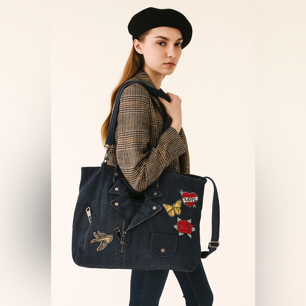 Stylish Denim Shoulder Bag with Embroidered Patches - Picture 2 of 13